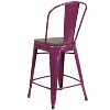 Merrick Lane 24" Metal Indoor-Outdoor Counter Stool with Vertical Slat Back, Integrated Footrest and Wood Seat - 4 of 4