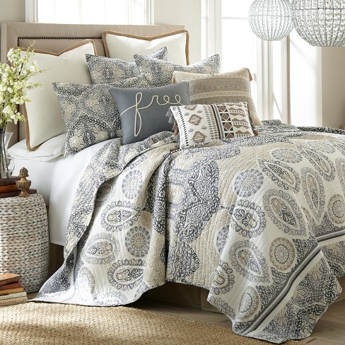 Trevino Global Quilt Set - Full/Queen Quilt and Two Standard Pillow Shams  Grey, Tan - Levtex Home