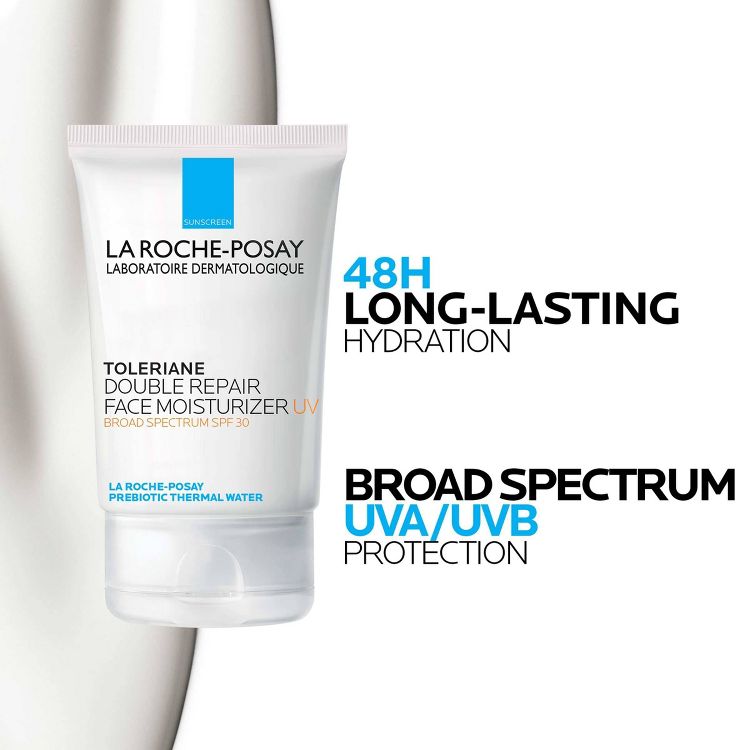 White tube of La Roche-Posay Toleriane Double Repair Face Moisturizer UV with SPF 30, featuring text highlighting 48H long-lasting hydration and broad spectrum UVA/UVB protection.