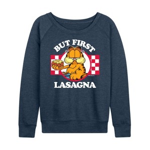 Women's - Garfield - But First Lasagna Lightweight French Terry Wide Neck Long Sleeve Shirt - 1 of 4