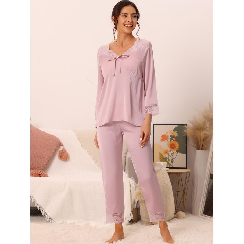 cheibear Womens Loungewear Silky Long Sleeve Top with Pants Pajamas Sets, 2 of 6