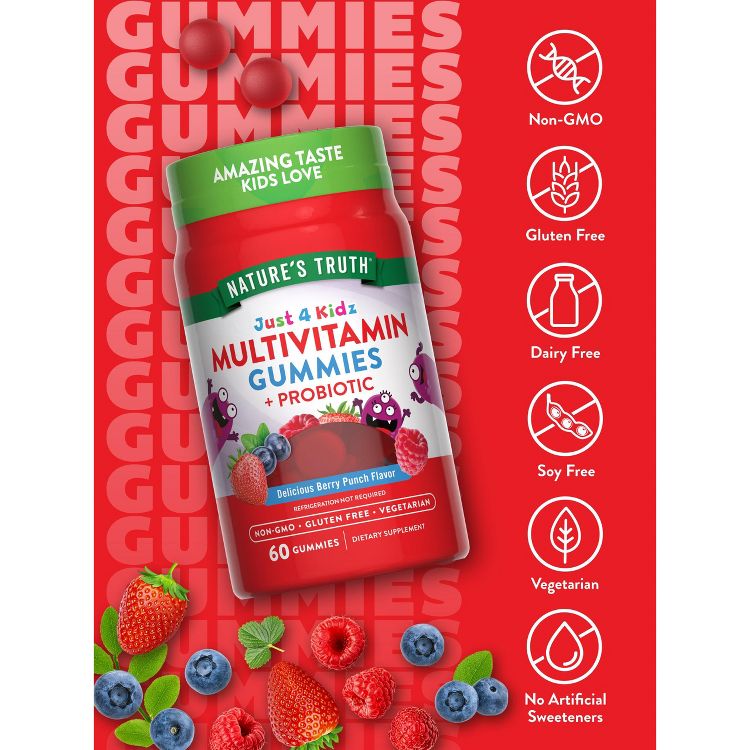 Nature's Truth Kids Multivitamin Gummies with Probiotics | 60 Count | Berry Punch Flavor, 3 of 7