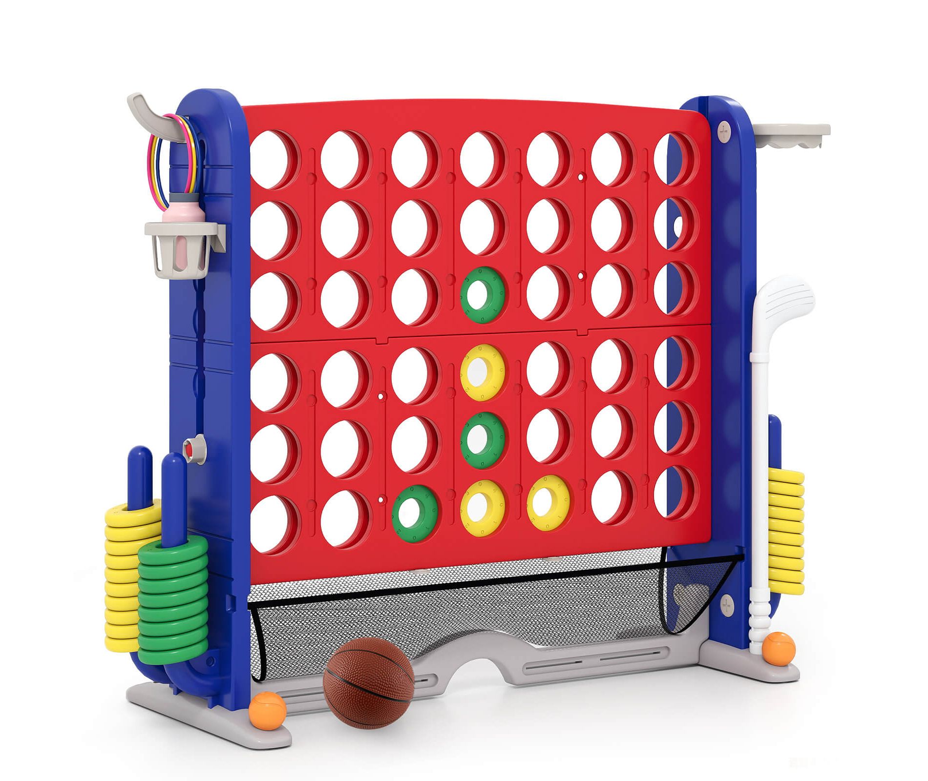 Costway Giant 4-in-a-Row Game Set with Ring-toss, Basketball Hoop, Golf Club & Cup Holders Red + Navy