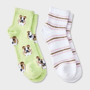 Women's Guinea Pigs 2pk Cozy Quarter Crew Socks - Green/White 4-10: Midweight Velour Ribbed Animal Pattern - 1 of 3