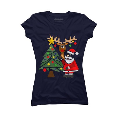 Junior's Design By Humans Funny Cute Santa Claus and Christmas Reindeer by Tree By SmileToday T-Shirt