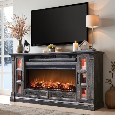 SinCiDo 80" TV Fireplace Stand, 36" Farmhouse Entertainment Center w/42" Electric Fireplace, Glass Door Cabinets & Drawers