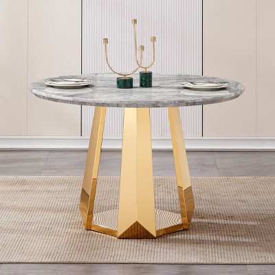 Round Marble Dining Table,Modern Kitchen Table with High Gloss Faux Marble Top and Stainless Steel Base for Kitchen - Maison Boucle