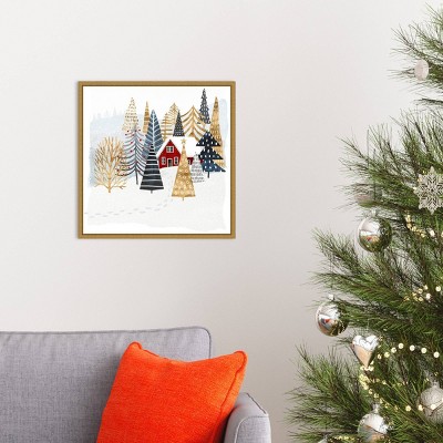 Christmas Chalet Red Cabin Canvas Print with Gold Frame