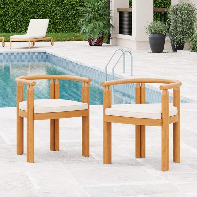 Set of 2 Acacia Wood Outdoor Dining Chairs with Teak Finish,Dining Chair with Cushion for Patio or Garden,Patio Armrest Dining Chair-Coolbibila