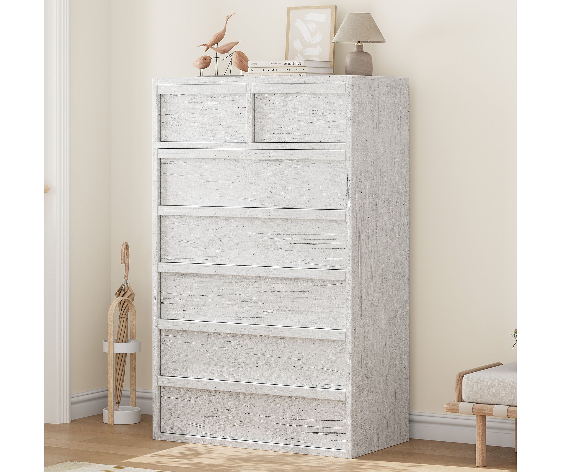 Garvee 7 Drawer Dresser for Bedroom, White 7 Chest of Drawers Tall with Concave Handles, Wooden Dresser Organizer for Living Room Nursery Entryway