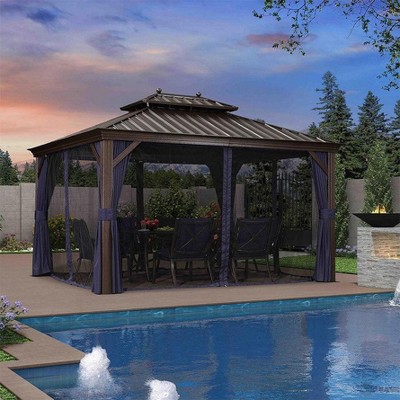 PURPLE LEAF Hardtop Gazebo Canopy with Netting and Curtains for Outdoor Deck Backyard Heavy Duty Metal Patio Permanent Pavilion