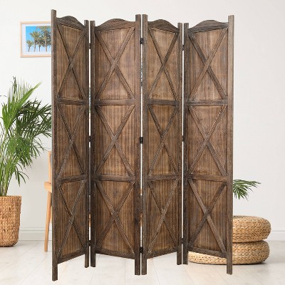 Rustic Brown Paulownia Wood 4-Panel Folding Room Divider