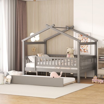 PAGED Twin Size House Shaped Bed Simple Modern Wooden Bed Frame with Headboard and Twin Size Trundle for Bedroom