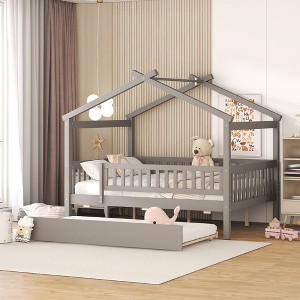 PAGED Twin Size House Shaped Bed Simple Modern Wooden Bed Frame with Headboard and Twin Size Trundle for Bedroom - 1 of 4