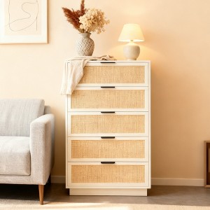 Rattan 5 Drawer Dresser, 46.7in Tall Antique White 5 Chest of Drawers with Metal Handles and Wooden Sturdy Base for Bedroom Living Room Nursery - 1 of 4