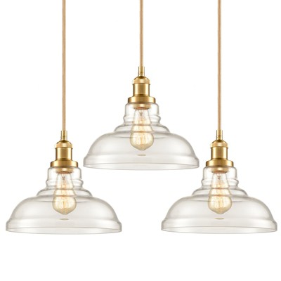 CLAXY Brass Industrial Glass Pendant Lights Barn Shape 3 Pack