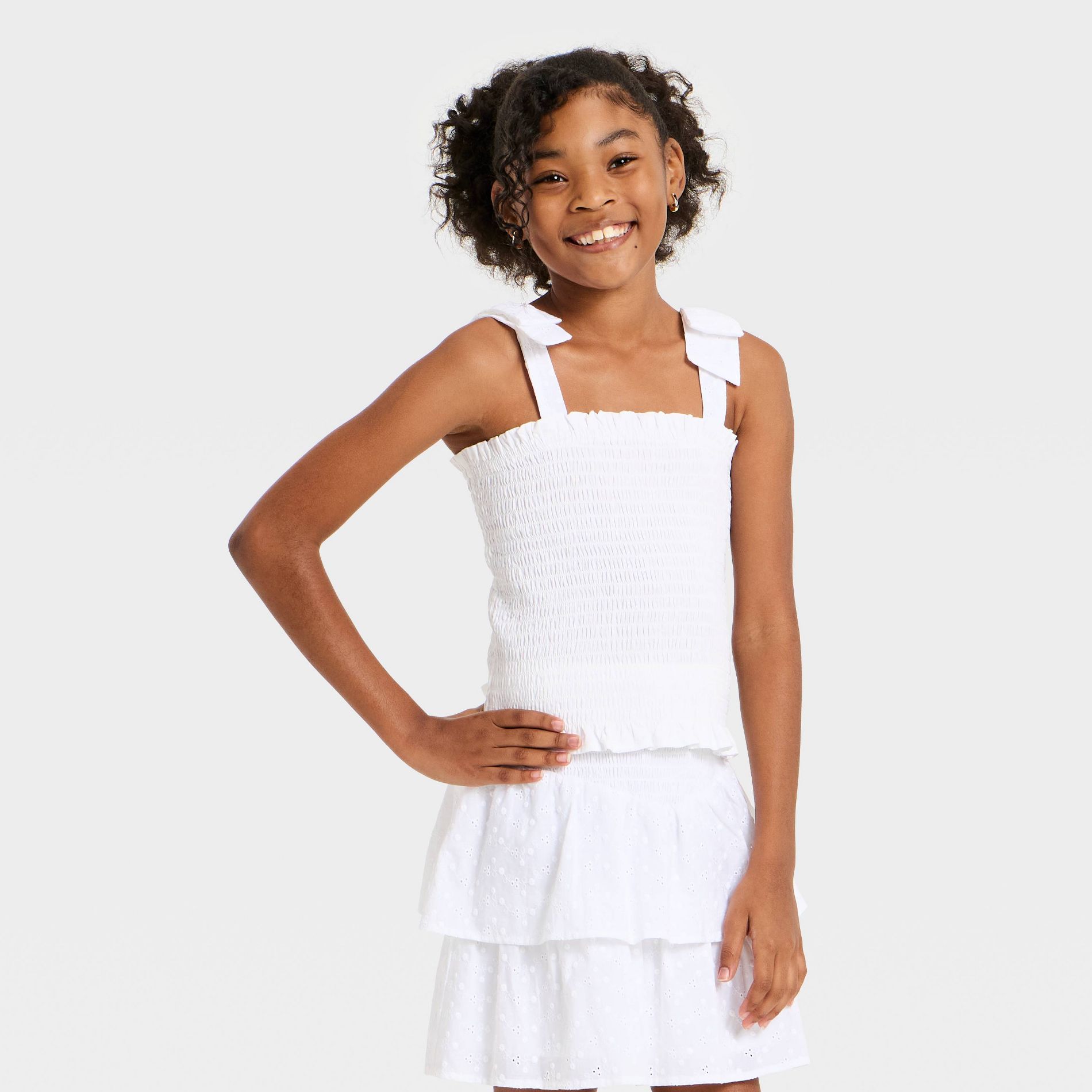 Girls' Smocked Tie Strap Eyelet Tank Top - art class™ White