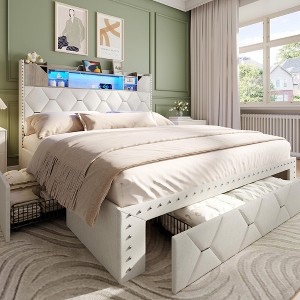 Upholstered Platform Bed Frame with LED Lights, Storage Drawers & Charging Station - 1 of 4
