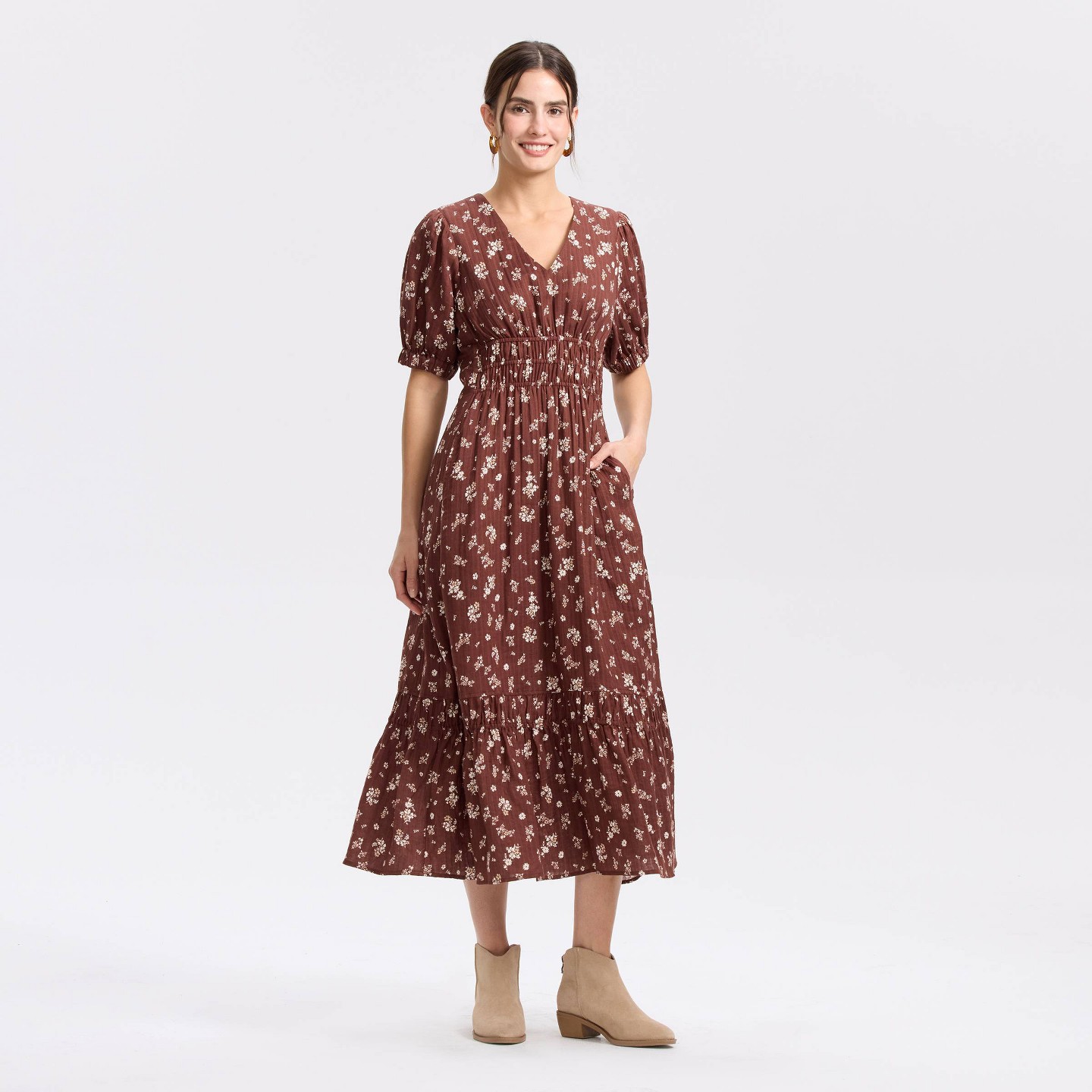 Женское платье Universal Thread Balloon Short Sleeve Maxi A-Line, цвет: Коричневый — фото 1