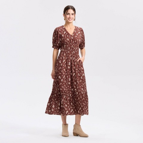 Женские платья Universal Thread Women's Balloon Short Sleeve Maxi A-Line Dress - Universal Thread™ Brown Floral M