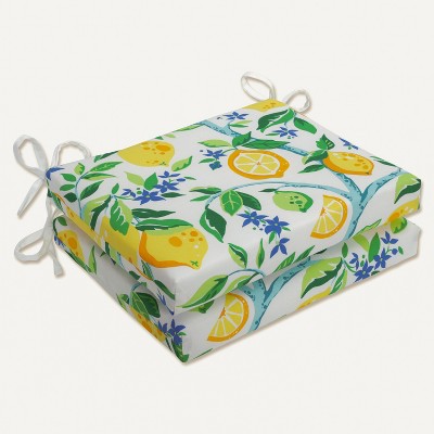 2pk Outdoor/Indoor Squared Chair Pad Set Lemon Tree Yellow - Pillow Perfect: Weather & Fade-Resistant with Ties