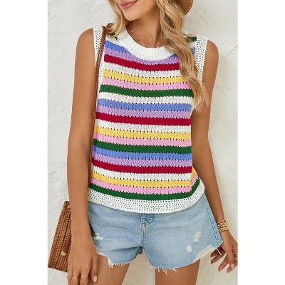 I AM A FASHION JUNKY Multicolour Striped Cutout Knit Tank Top Multicolored M