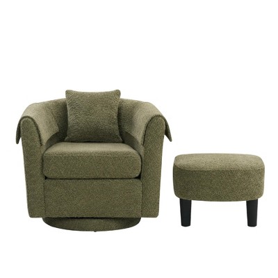 Swivel Accent Chair with Ottoman Set, Modern Chenille Barrel Armchair with Removable Back Pillow & 2 Armrest Covers for Living Room