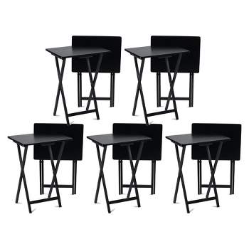 PJ Wood Conventional Solid and Sturdy Wood Construction Portable Folding TV Snack Tray Table Desk Serving Stand, Black (10-Piece Set)
