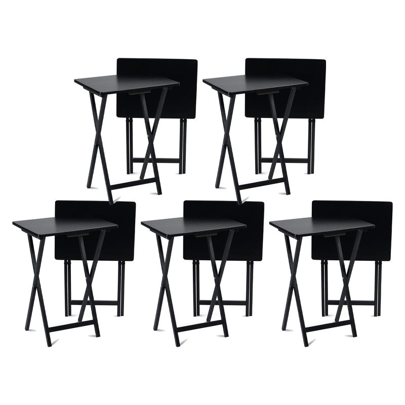 PJ Wood Conventional Solid and Sturdy Wood Construction Portable Folding TV Snack Tray Table Desk Serving Stand, Black (10-Piece Set), 1 of 7