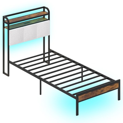 Safstar Twin Size Bed Frame w/LED Light & Charging Station Heavy Duty Metal Platform Bed