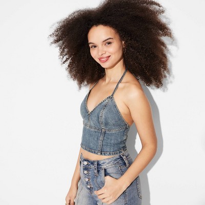 Women's Deep V-Neck Denim Halter Top - Wild Fable™