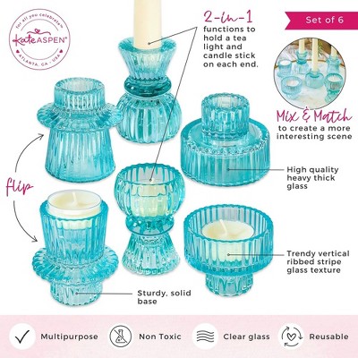 Blue Ribbed Glass Dual-Sided Candlestick and Tealight Holders Set