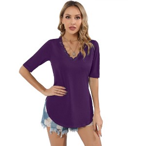 Womens Lace Trim V Neck T-Shirt Mid Sleeve Curved Bottom Casual Blouse Summer - 1 of 4