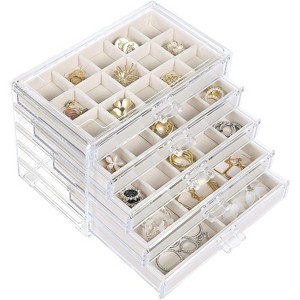 5-Drawer Clear Acrylic Jewelry Organizer with Velvet Lining, Earring Display Holder for Rings & Necklaces, Birthday Gift - 1 of 4