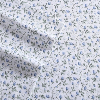 Blue Floral Print Cotton Queen Sheet Set