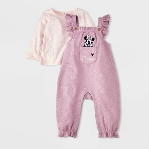 Baby Girls' 2pc Disney Minnie Mouse Long Sleeve T-Shirt & Embossed Overalls Set - Pink - 1 of 4