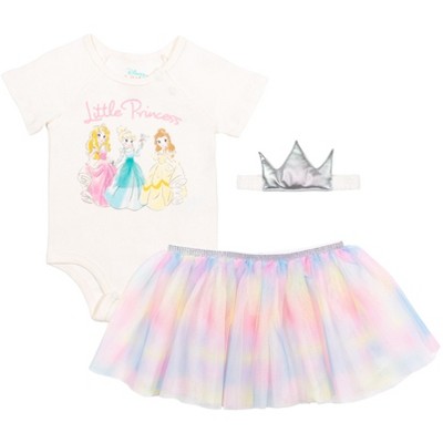 Image of Disney Princess Cinderella Aurora Belle Newborn Baby Girls Bodysuit Tutu and Headband 3 Piece Outfit Set White 3-6 Months