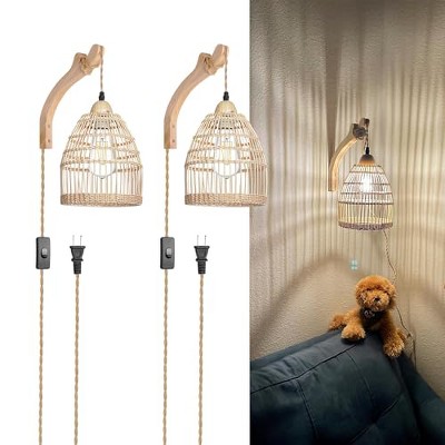 TOBILI Wicker Wall Sconces Set of Two Plug in, Rattan Wall Lamp with Plug in Cord, Farmhouse Wall Light Fixtures with 9.84FT On/Off Switch Cord