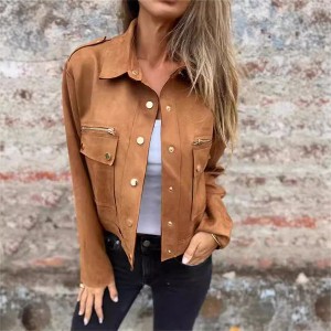 Women's Suede - like Faux Suede Lapel Long - Sleeve Jacket, Stylish and Versatile Outerwear for Fall and Spring - 1 of 4