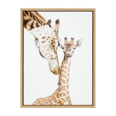 Natural Wood Framed Mother and Baby Giraffe Canvas Print, 18" x 24"
