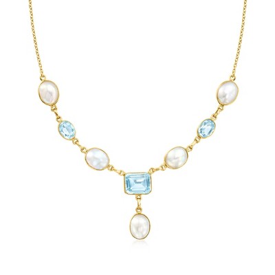 Ross-Simons 8x10mm Cultured Pearl and 7.30 ct. t.w. Sky Blue Topaz Necklace in 18kt Gold Over Sterling Size 18