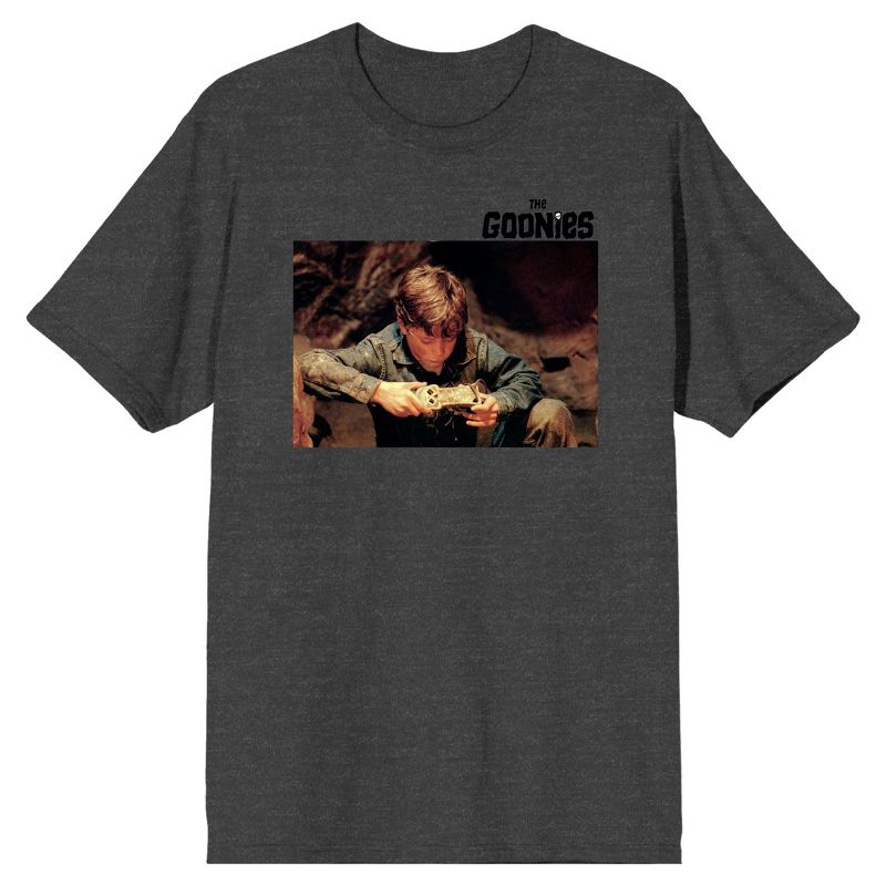 The Goonies Mikey Holding Treature Charcoal Heather Gray Men's T-Shirt, 1 of 2