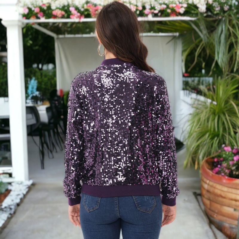 Anna-Kaci Women's Sequin Jacket Sparkle Long Sleeve Front Zip Casual Blazer Bomber Jacket With Pockets, 3 of 6