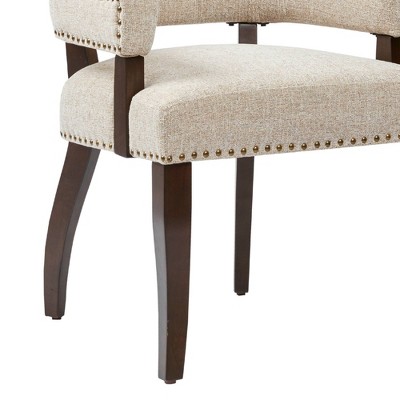 Elegant Cream Upholstered Dining Armchair with Brass Trim, Set of 2