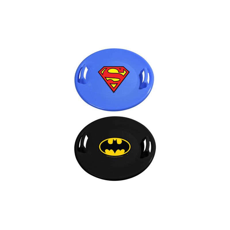 Slippery Racer Downhill Pro Round Heavy-Duty Cold Resistant Batman and Superman Adults and Kids Plastic Saucer Disc Snow Sled Set with Handles, 2 Pack, 1 of 7
