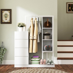 55"/39"W Wardrobe Clothing Armoire Storage Cabinet  with 4 Drawers, Shelves and Hanging Rail, White/Espresso/Natural-ModernLuxe - 1 of 4