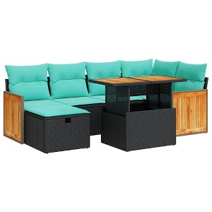 vidaXL 7 Piece Patio Sofa Set with Cushions Brown Poly Rattan Acacia - 1 of 4