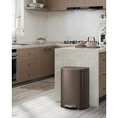 13 Gallon / 50 Liter Step-On Stainless Steel Trash Can with Soft-Close Lid, Slim Garbage Bin with Inner Bucket for Bathroom or Bedroom, Silver