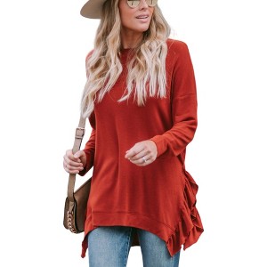 Amaryllis Women's Asymmetrical Hem Long Sleeve Pullover Top with Side Ruffle Detail Relaxed Fit Casual - 1 of 4