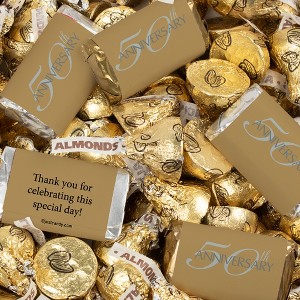 128 Pcs 50th Anniversary Candy Party Favors Hershey's Miniatures and Gold Almond Kisses by Just Candy (1.58 lbs) - 1 of 4